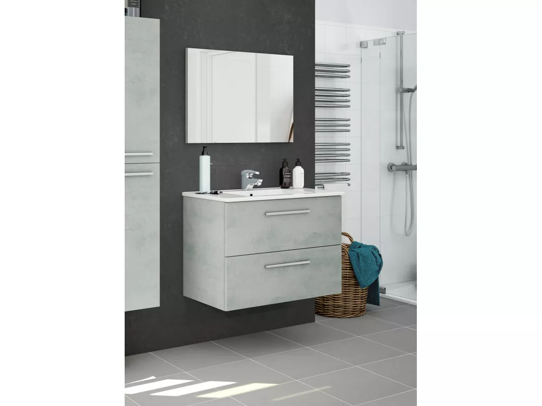 Meuble sous-vasque Dfell, Meuble de salle de bain suspendu, Armoire avec 2 tiroirs et miroir, 80x45h57 cm, Ciment