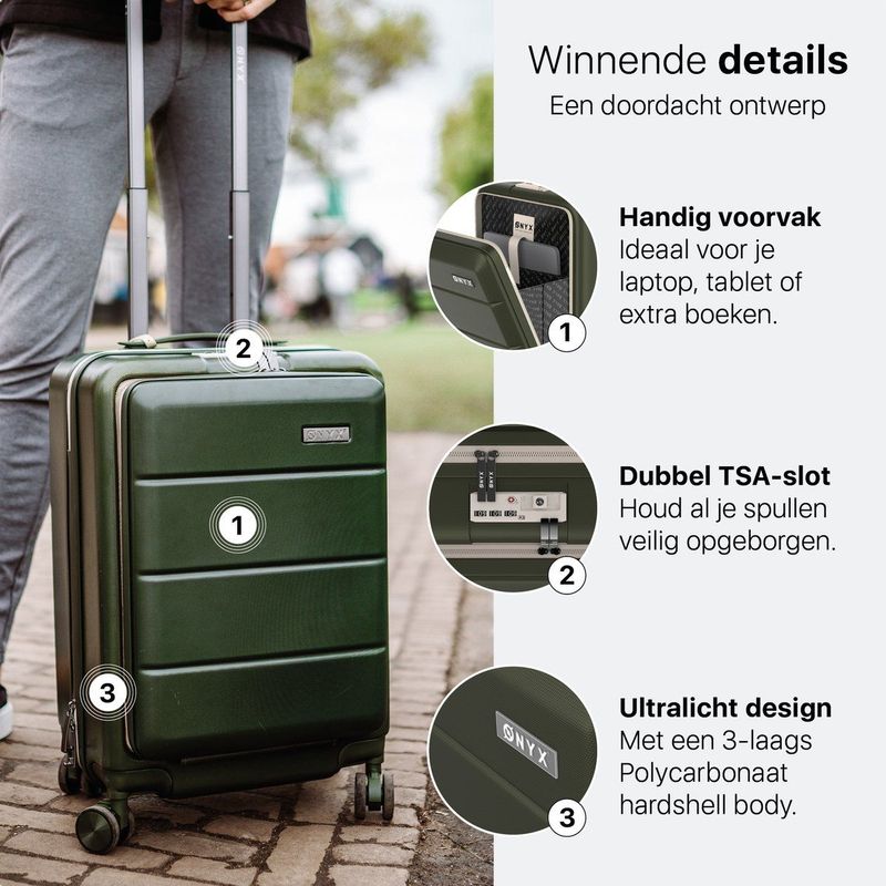 ONYX Handbagage Koffer 35 L - Spinner wielen - Lichtgewicht Trolley - Dubbel TSA Slot - Handig voorvak - 55 cm - Olive