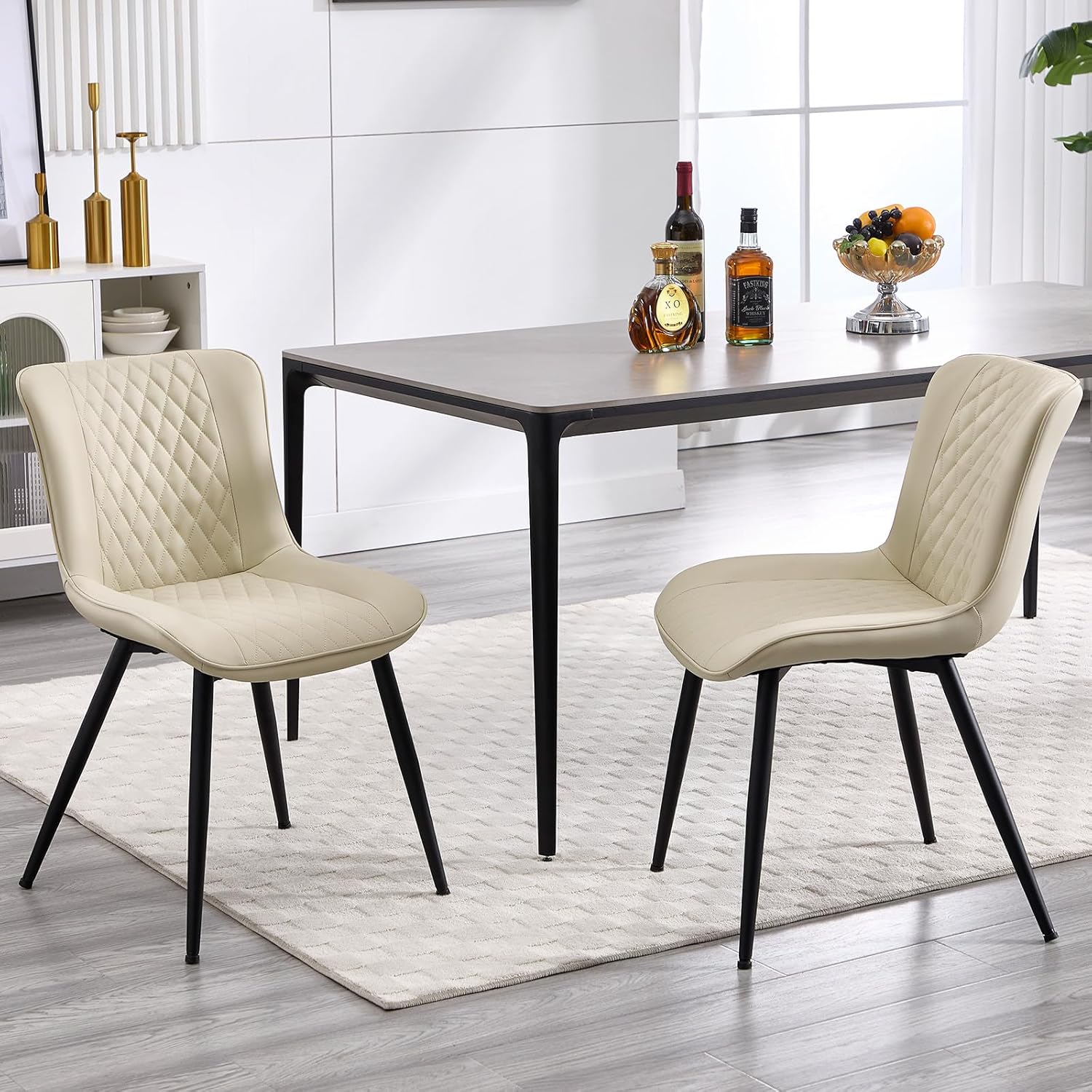 6er Set Esszimmerstühle, Küchenstuhl mit Hoher Rückenlehne Polsterstühle mit 5 cm Sitzkissen PU Leder Dining Chair Moderne Sessel und Metallbeine Beige