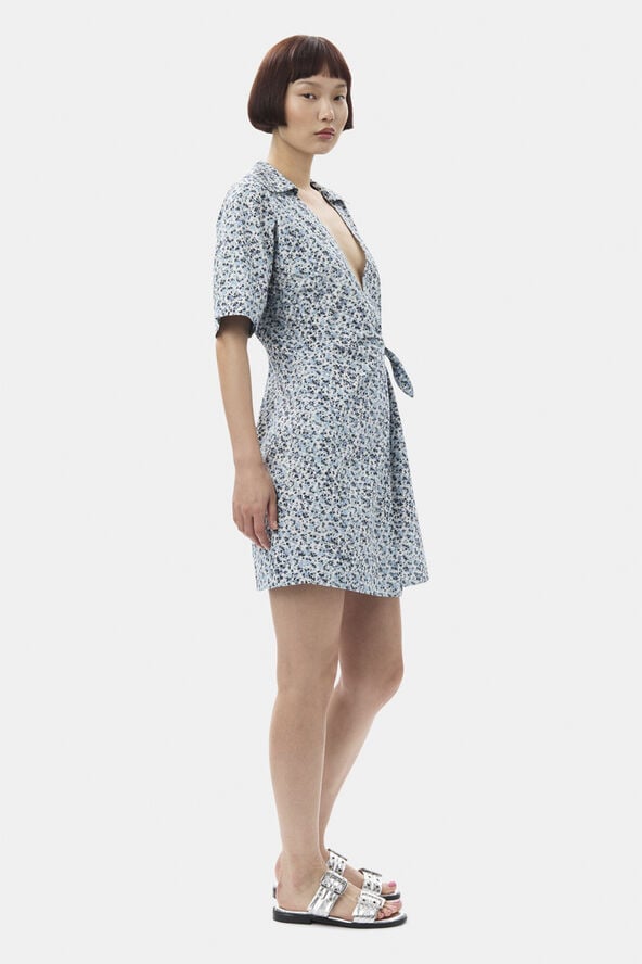 Ganni Printed Cotton Wrap Mini Dress Glacier lake