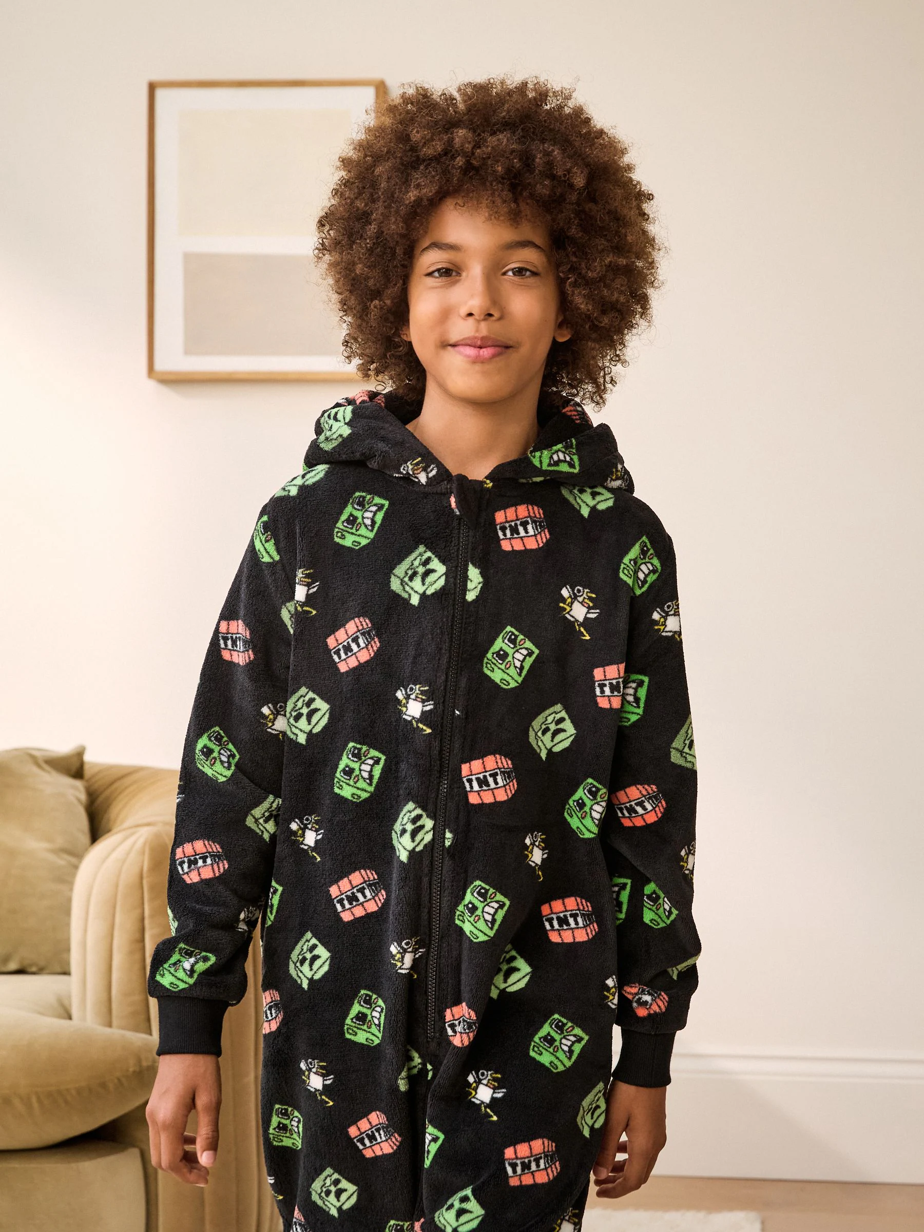 Zwart Minecraft - Fleece onesie met licentie (4-16jr)