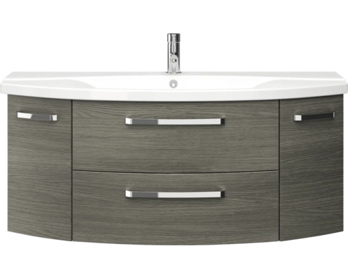 Badkamermeubelset Pelipal Serie 4010, afmetingen (B x H x D): 120,5 x 200 x 48 cm, fronten in grafietstructuur, 4-delige badkamermeubelset inclusief witte keramische wastafel, keramische badmeubel en spiegelkast met LED-verlichting.
