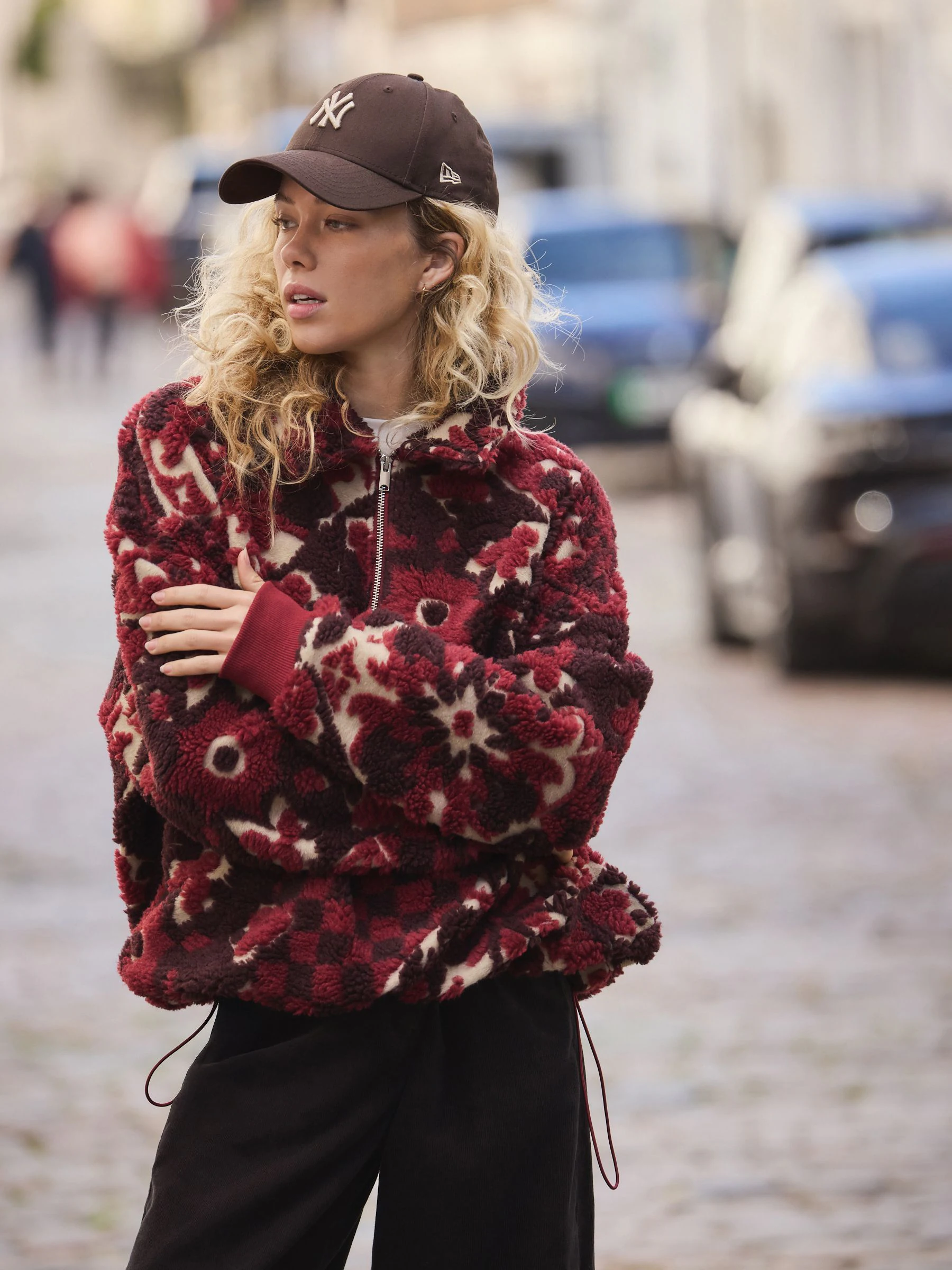 Bordeauxrood gebloemd - Jacquard Teddy Borg Quarter Zip Fleece Sweatshirt