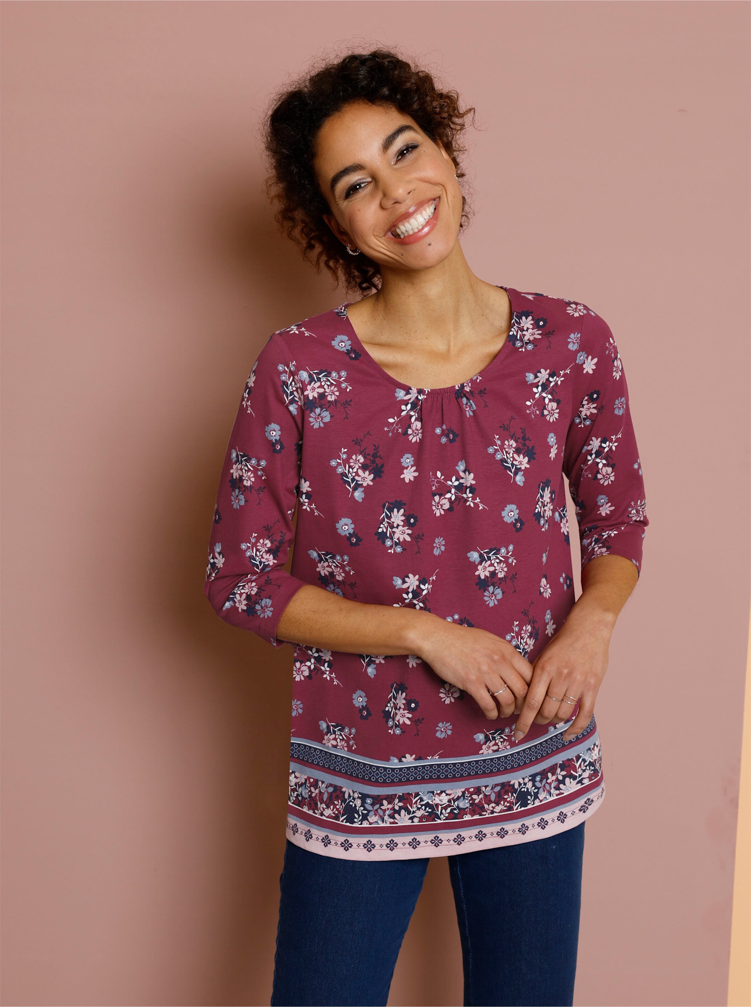 3/4-Arm-Shirt in bordeaux-marine-bedruckt