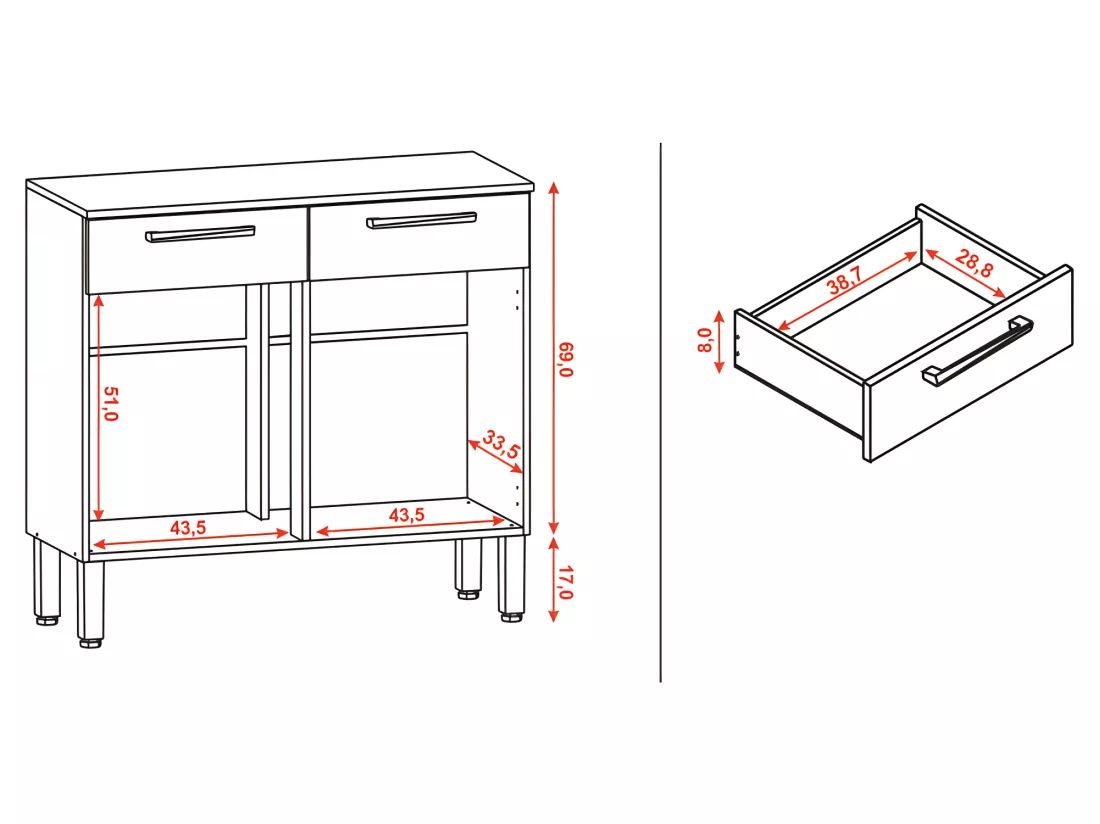 Buffet Bas Meuble Cuisine 2 Portes 2 Tiroirs Chêne et Gris 2 Niches 91 cm