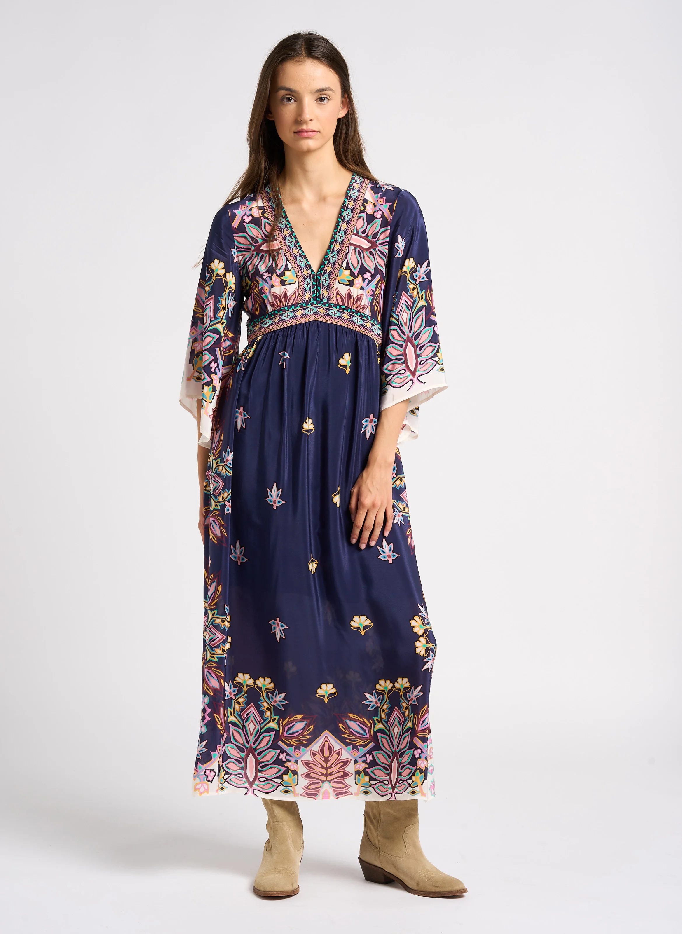LUFIA - Robe longue évasée col V imprimée | Bleu