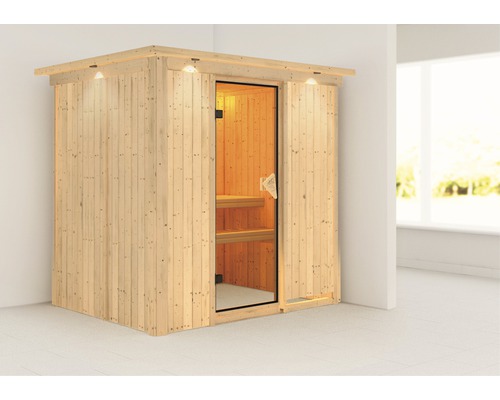 Karibu Wanja plug & play sauna zonder kachel, met dakrand en gebronsde volledig glazen deur