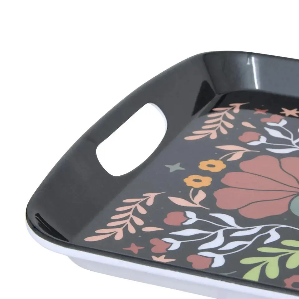 5Five Design dienblad van melamine - 47 x 30 cm - flowers print zwart