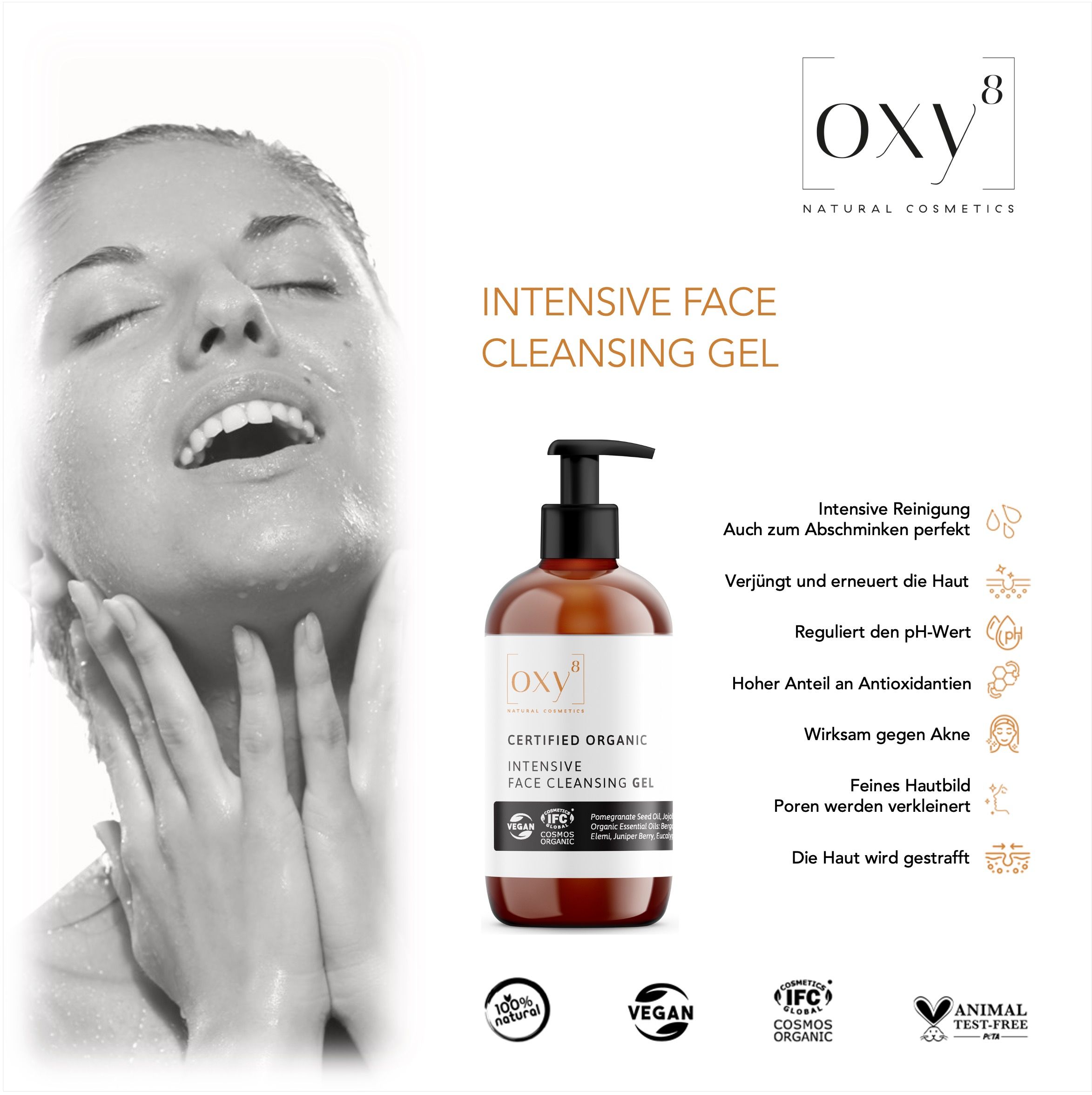 oxy8 Naturkosmetik INTENSIVE FACE CLEANSING GEL – Intensives Reinigungsgel. Auch zum Abschminken