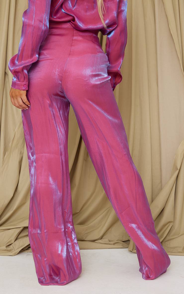 Rose Vif Pantalon Large Taille Haute Brillant