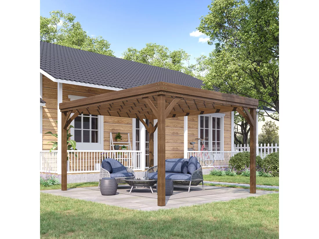 Pergola autoportante style rustique chic - Toit terrasse à décorer - dim. 3,65L x 3l x 2,15H m - bois sapin pré-huilé