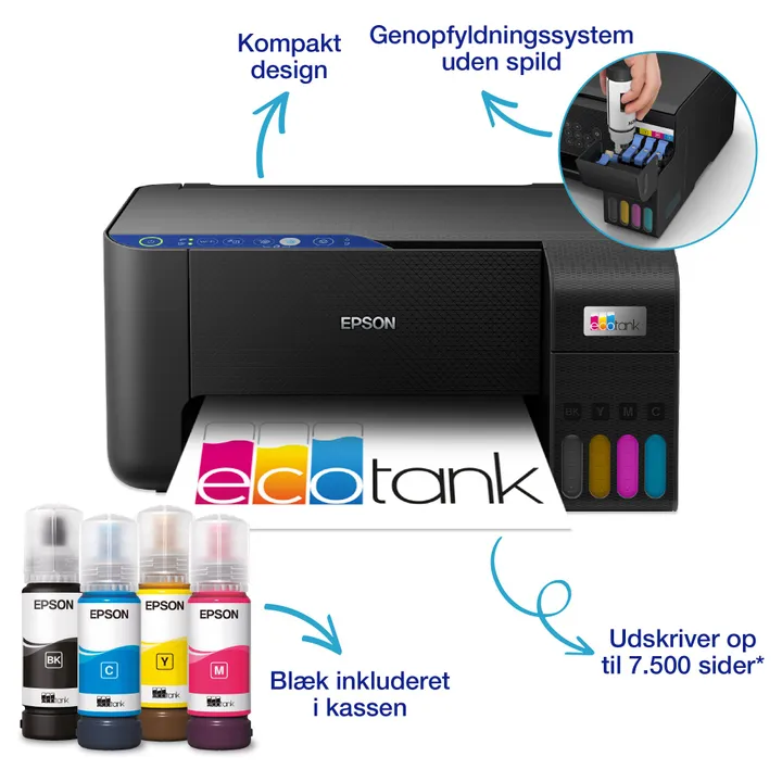 Epson EcoTank ET-2811 - Multifunktionsprinter - farve - blækprinter - A4 (medie) - op til 10 spm (udskriver) - 100 ark - USB, Wi-Fi - sort