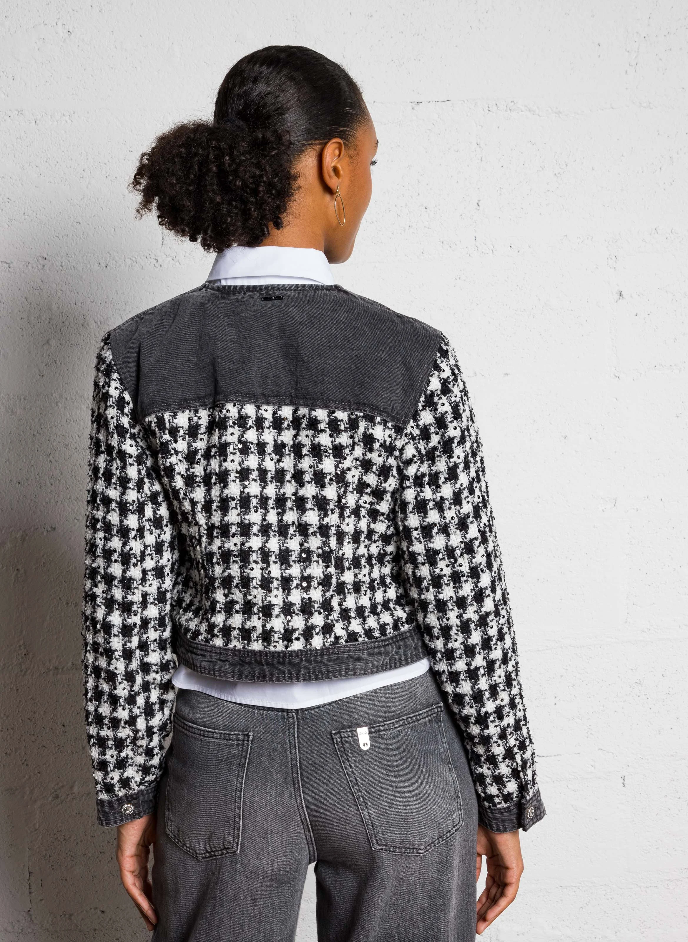 Veste droite col rond en tweed | Noir