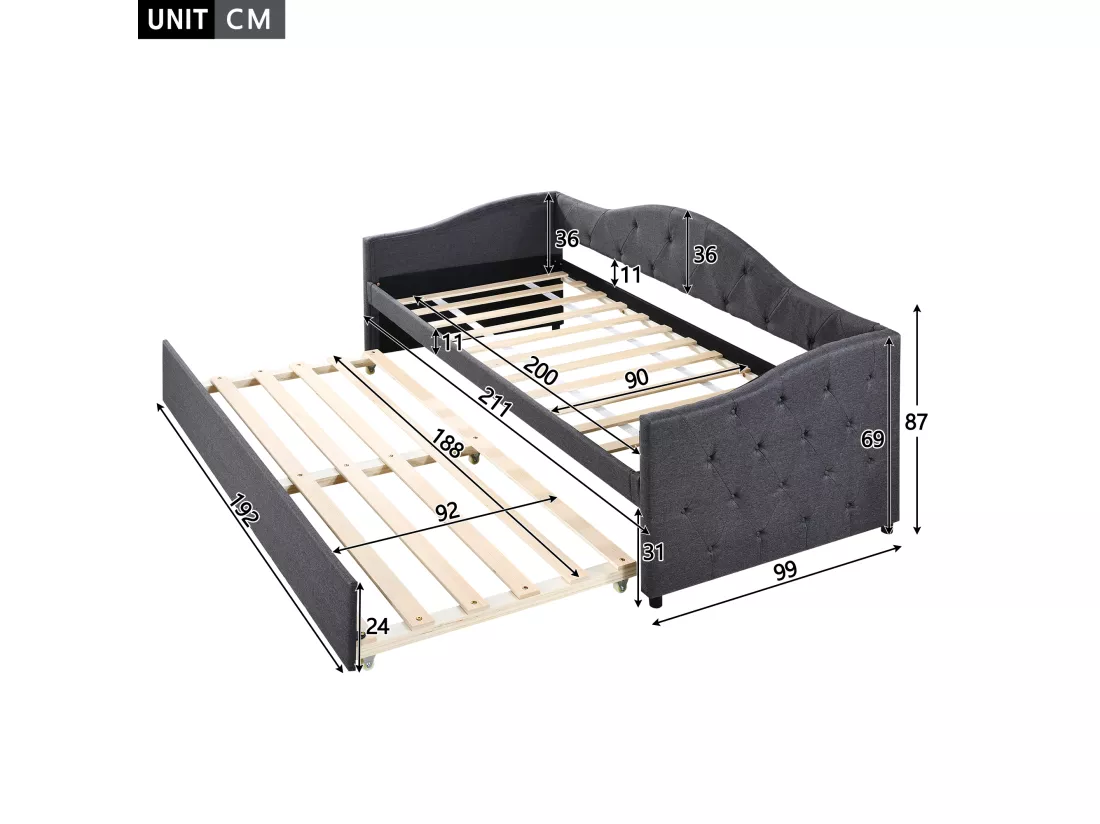 Lit banquette 90x200cm + lit gigogne 90x190cm - capitonné en tissu lin - Gris (matelas non inclus)