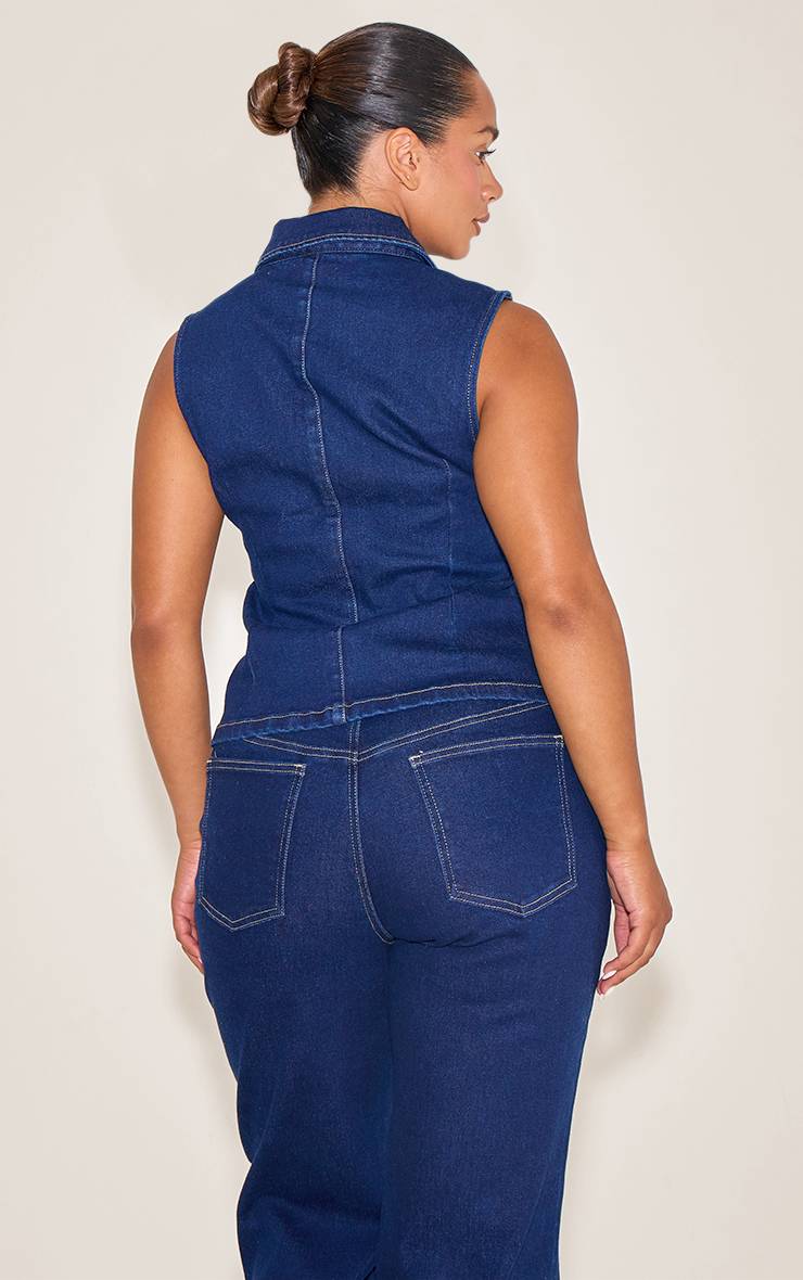 Bleu Indigo Top Long En Denim Stretch Shape Avec Boutonnière