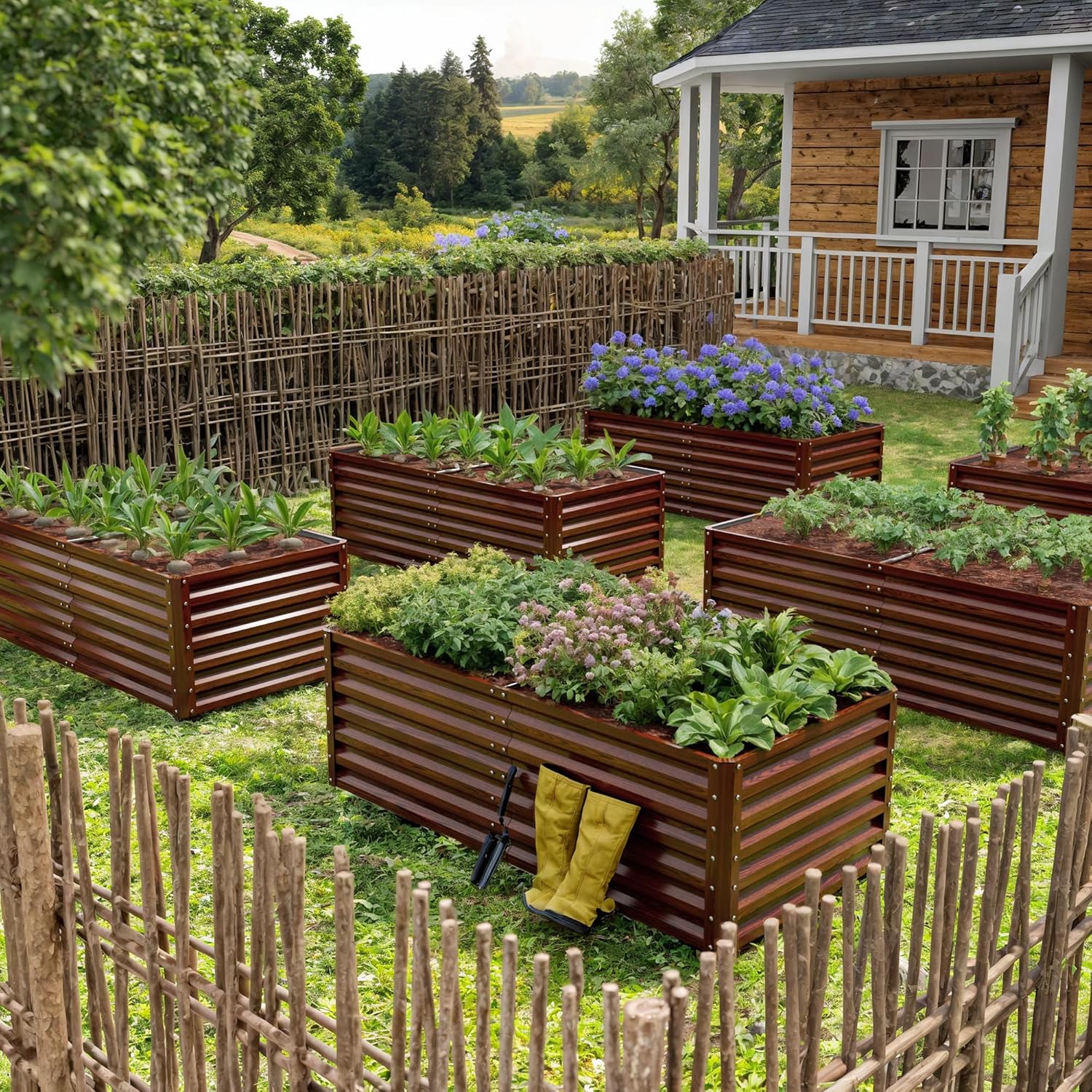 Amopatio Hochbeet Metall 2er-Set, Pflanzbeet Hochbeete für Garten, 180x90x60cm, Hochbeete-kit 970 L für Gemüse Blumen Sukkulenten Kräuter, Blumenbeet & Pflanzentrog, Verzinkter Stahl, Holzmaserung