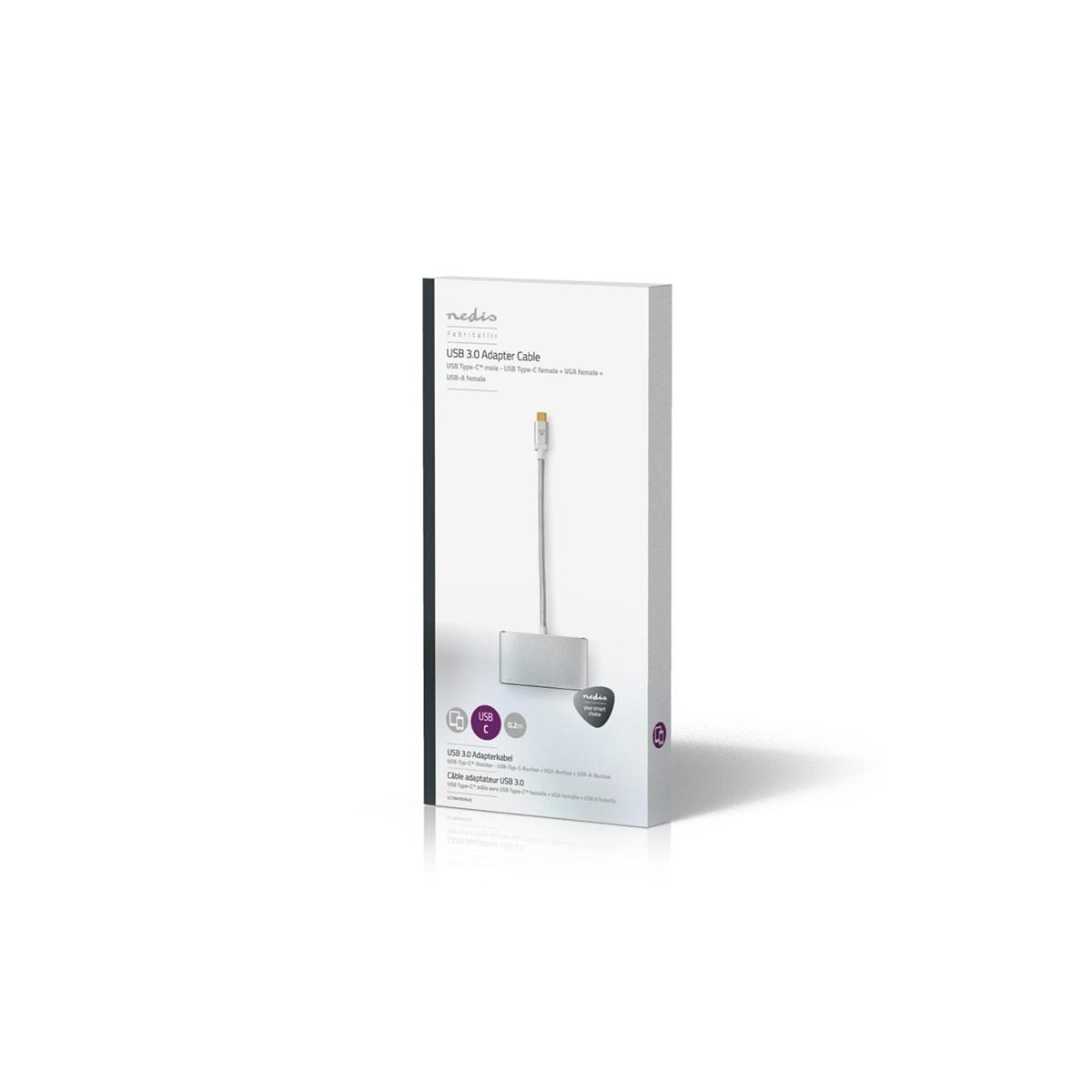 Nedis USB Multi-Port Adapter | USB 3.2 Gen 1 | USB-C™ Hann | USB-A Hun / USB-C™ Hunn / VGA Hun 15p | 5 Gbps | 0.20 m | Rund | Gull belagt | Flettet / Nylon | Sølv | Deksel Vindusboks