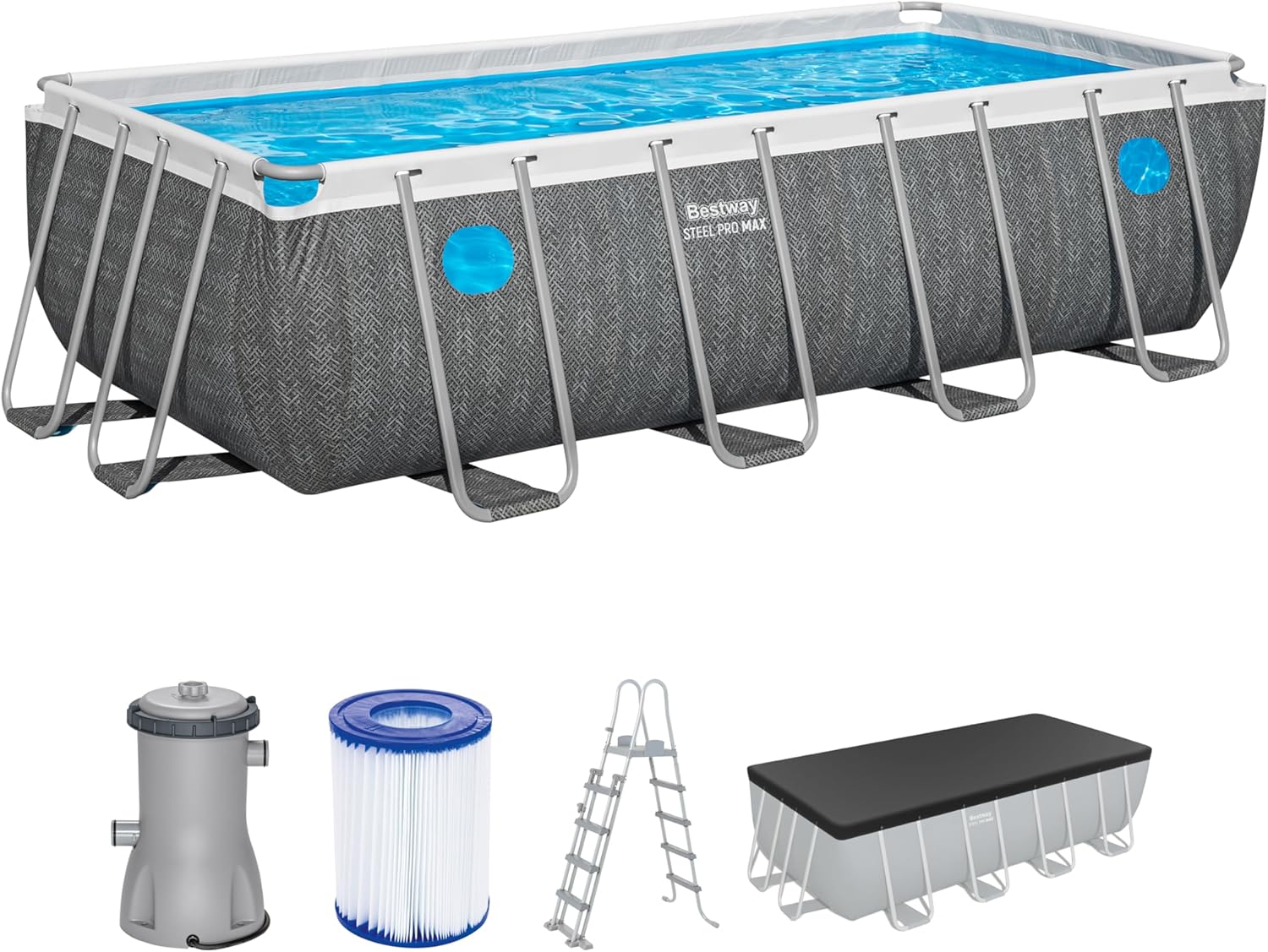 Bestway Steel Pro MAX Frame Pool Komplett-Set mit Filterpumpe, 488 x 244 x 122 cm, 11.532 Liter, Rattan-Optik, Splashview Bullaugen, Sicherheitsleiter, Abdeckplane, Filterkartusche, Schiefergrau