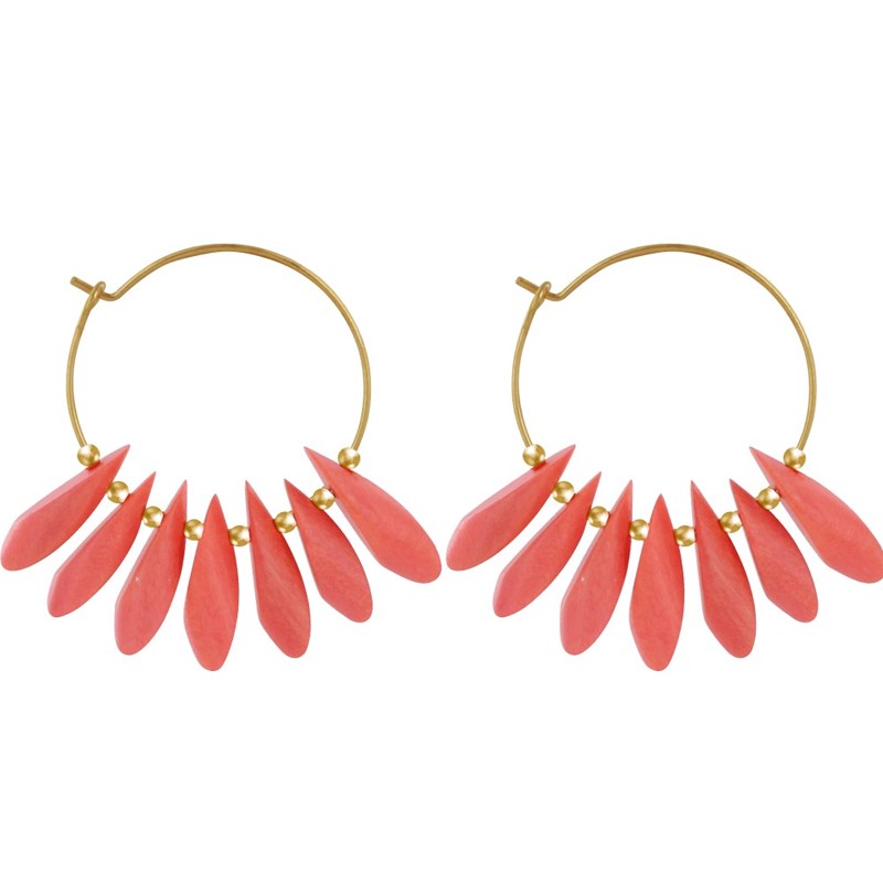 Boucles d'Oreilles Créoles en Acier Pétales en Bois