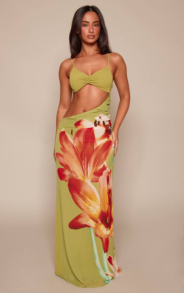 Vert Robe Maxi Fluide En Mousseline Imprimée Froncée Avec Liens Latéraux Petite