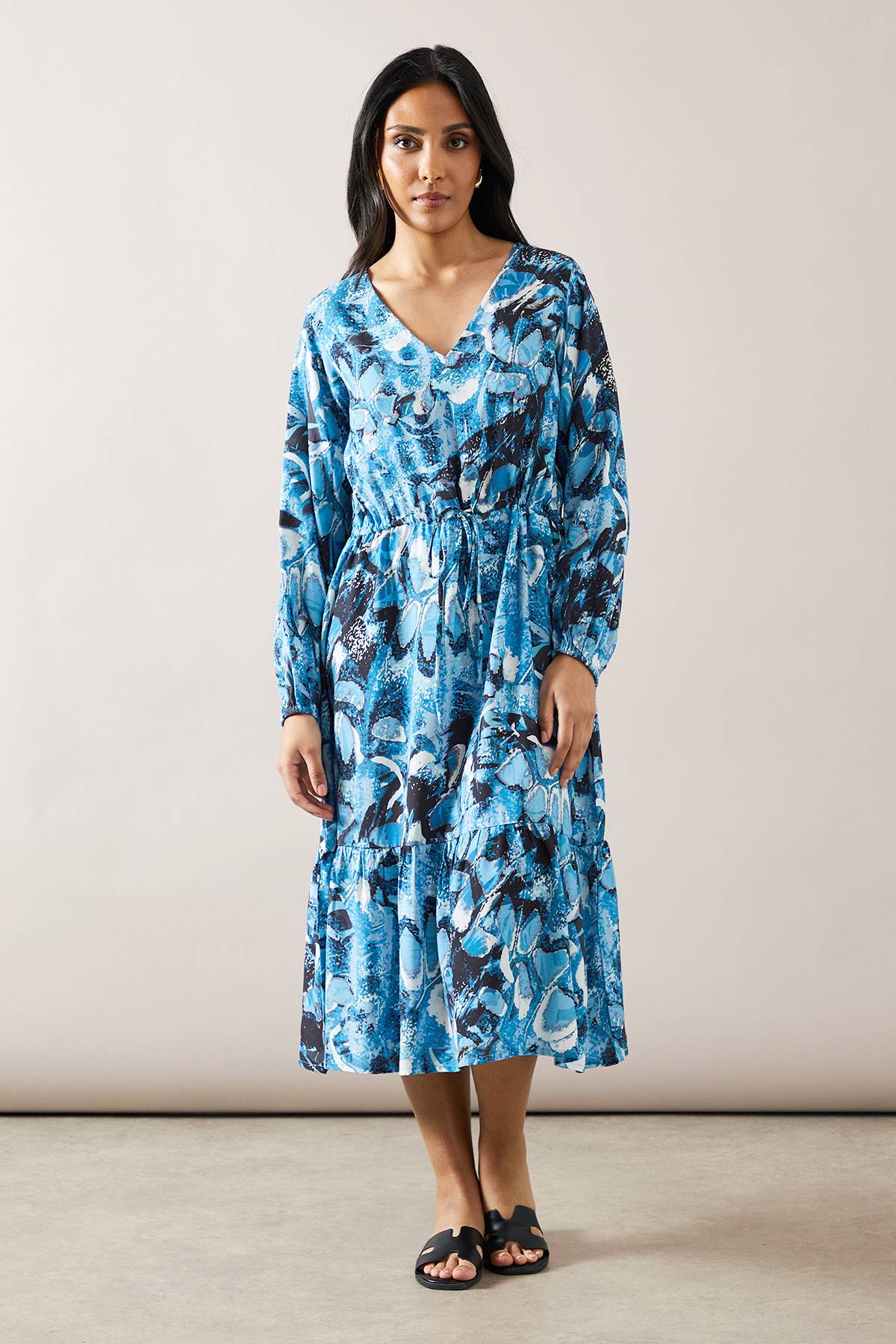 Wallis Robe Mi-Longue en Viscose à Cordon de Serrage Motif Abstrait Bleu Petite
