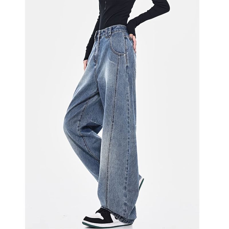 Klevy - Mid Waist Washed Baggy Jeans