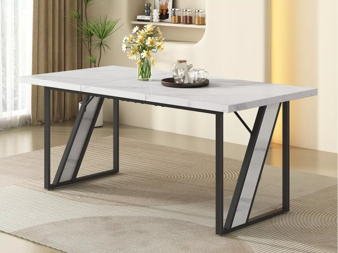 Table à manger 4 places - 160×80 cm - à motif de marbre - Blanc & Noir