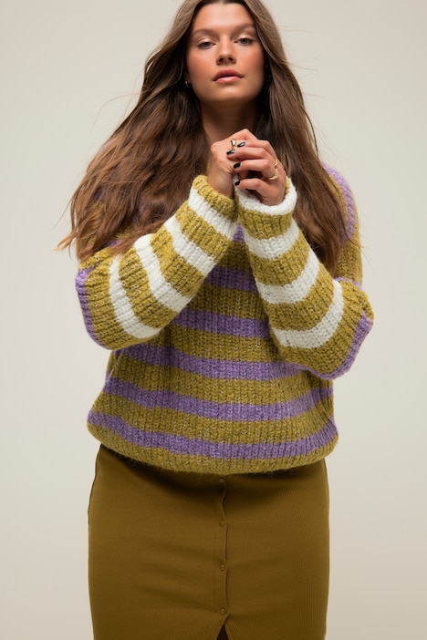 Pullover, oversized, Grobstrick, Streifenmix, Rundhals, Langarm