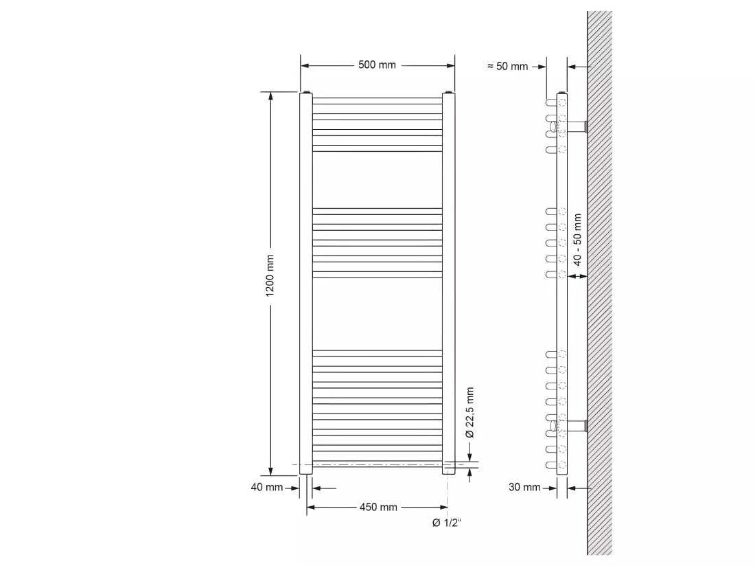 Sèche-serviettes électrique Sahara 500x1200 mm Chromé Connexion latérale incurvée et tige chauffante 900W