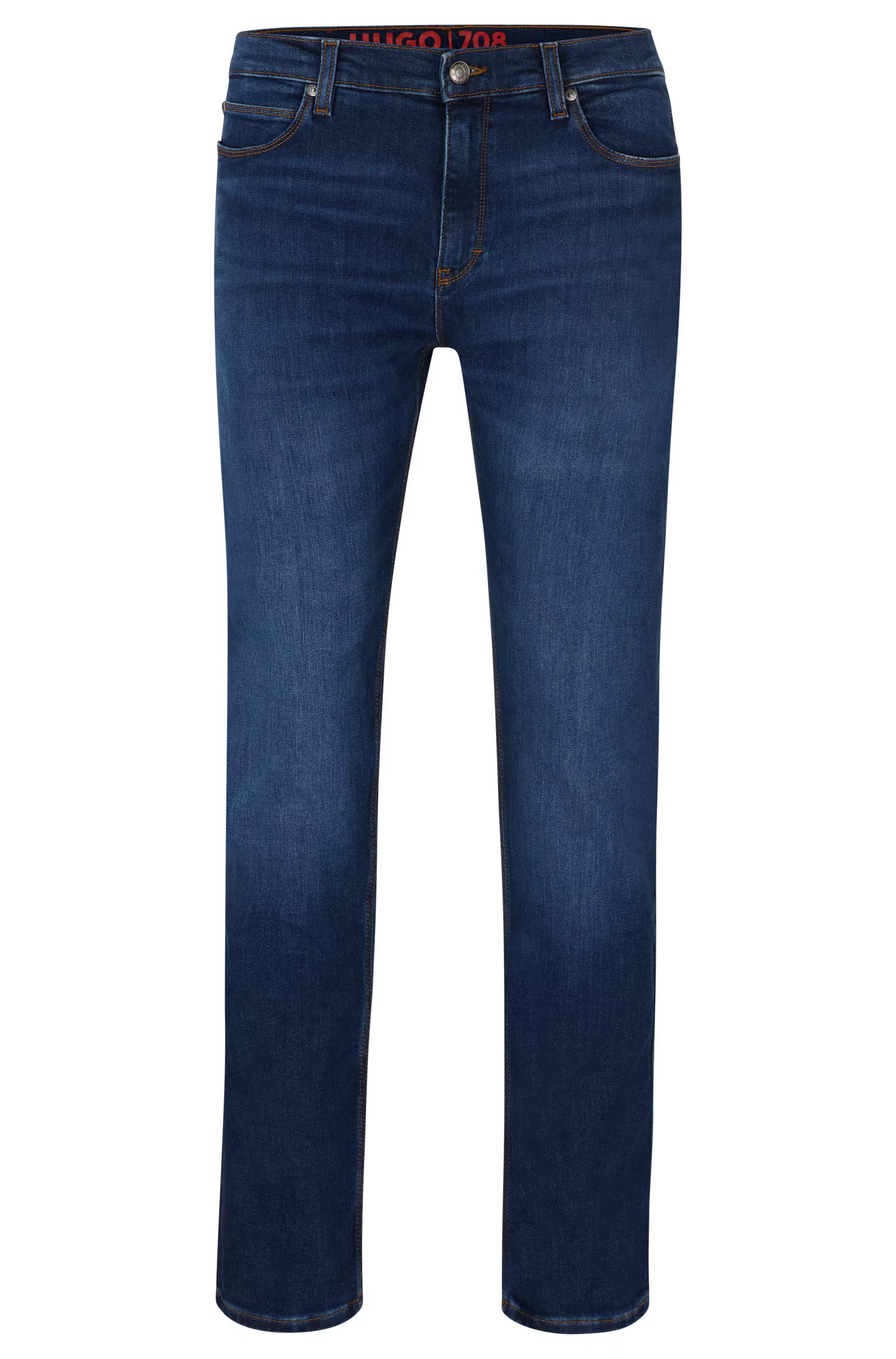 Calça jeans HUGO vermelha, corte slim, em denim azul com elasticidade para maior conforto.
