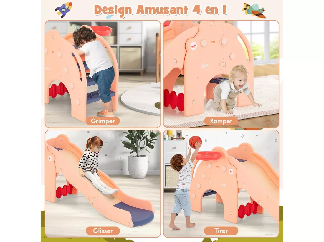 4 en 1 Toboggan Enfant en Forme Éléphant avec Panier de Basketball, Toboggan Extérieur Intérieur en HDPE avec Ballon, Aire de Jeux pour Glisser & Grimper, Charge 50kg pour 18 Mois+(Rose)