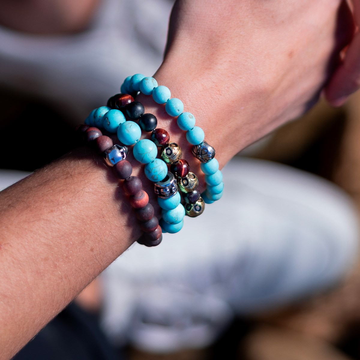Bracelet Acier Perles Facettées Hématite Turquoise Et Oeil De Tigre-Medium-18cm