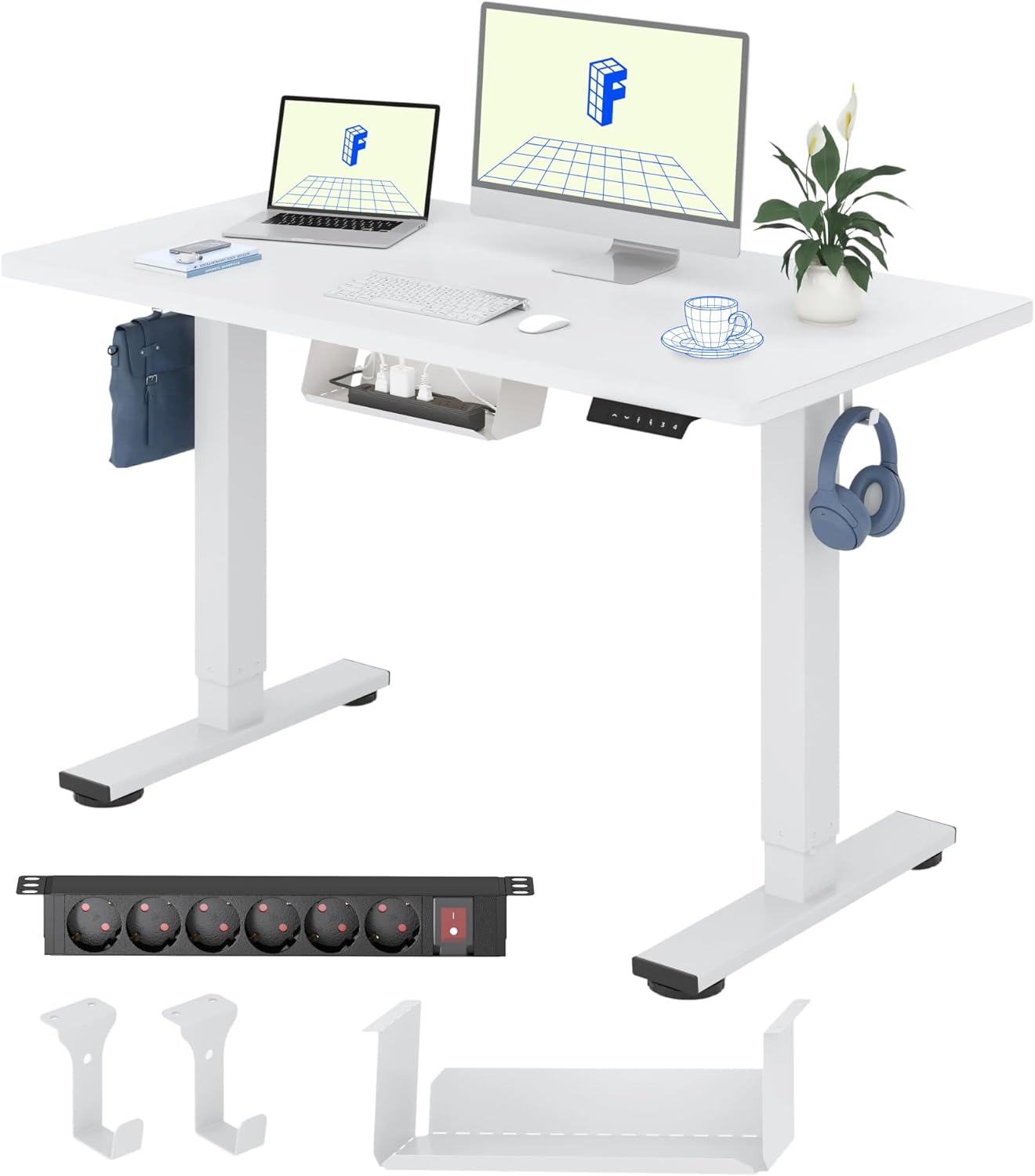 FlexiSpot Höhenverstellbarer Schreibtisch Basic–Mit Kabelmanagement, Haken und EINTEILIGER Tischplatte, Ergonomischer Homeoffice-Tisch, Bürotisch (120x60cm, Weiß)