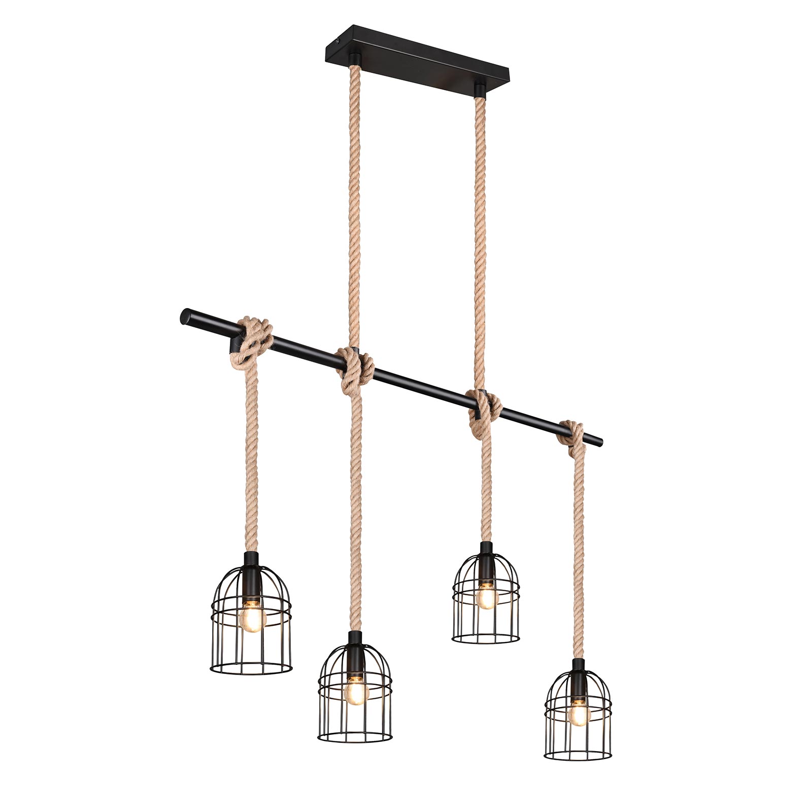 Pendelleuchte - schwarz matt-braun - Metall - Sisal - 4-flammig