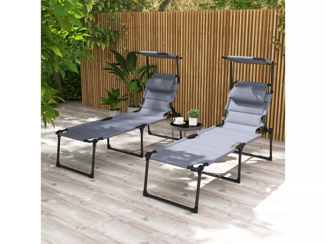 Lot de 2 bains de soleil transats pliables réglables avec pare-soleil gris