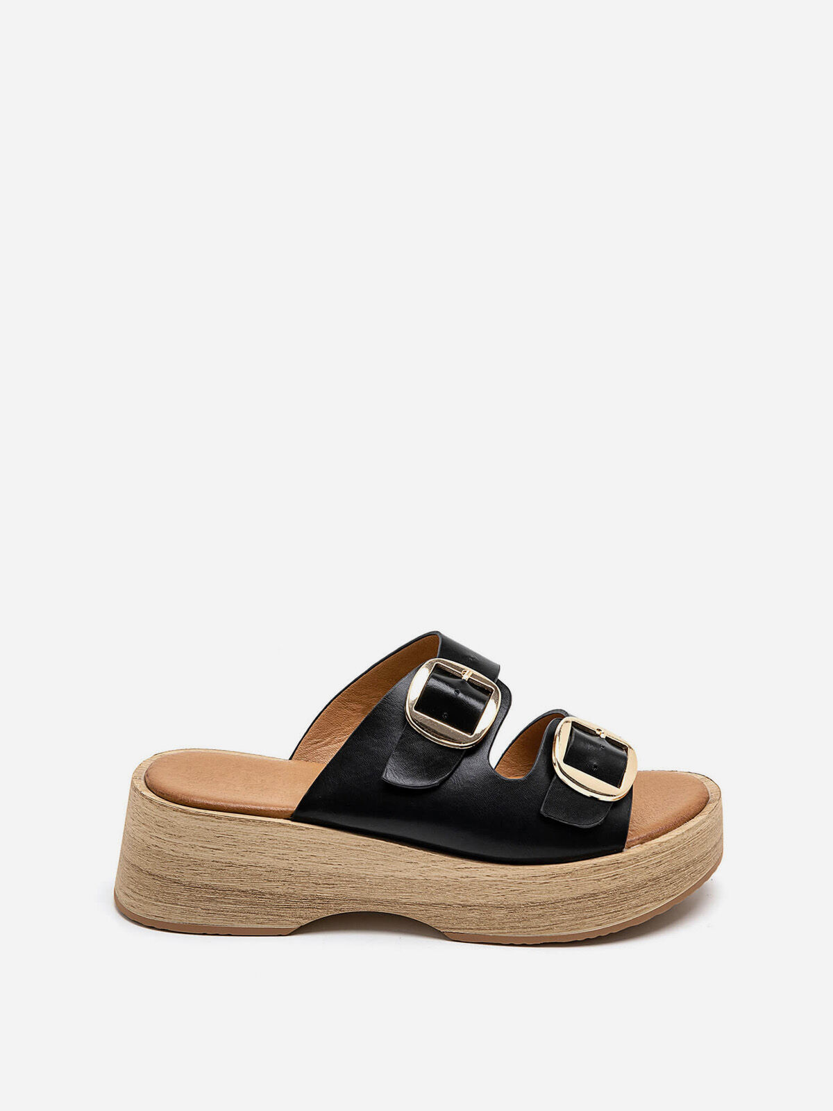 Mules à brides et plateforme en bois- Noir