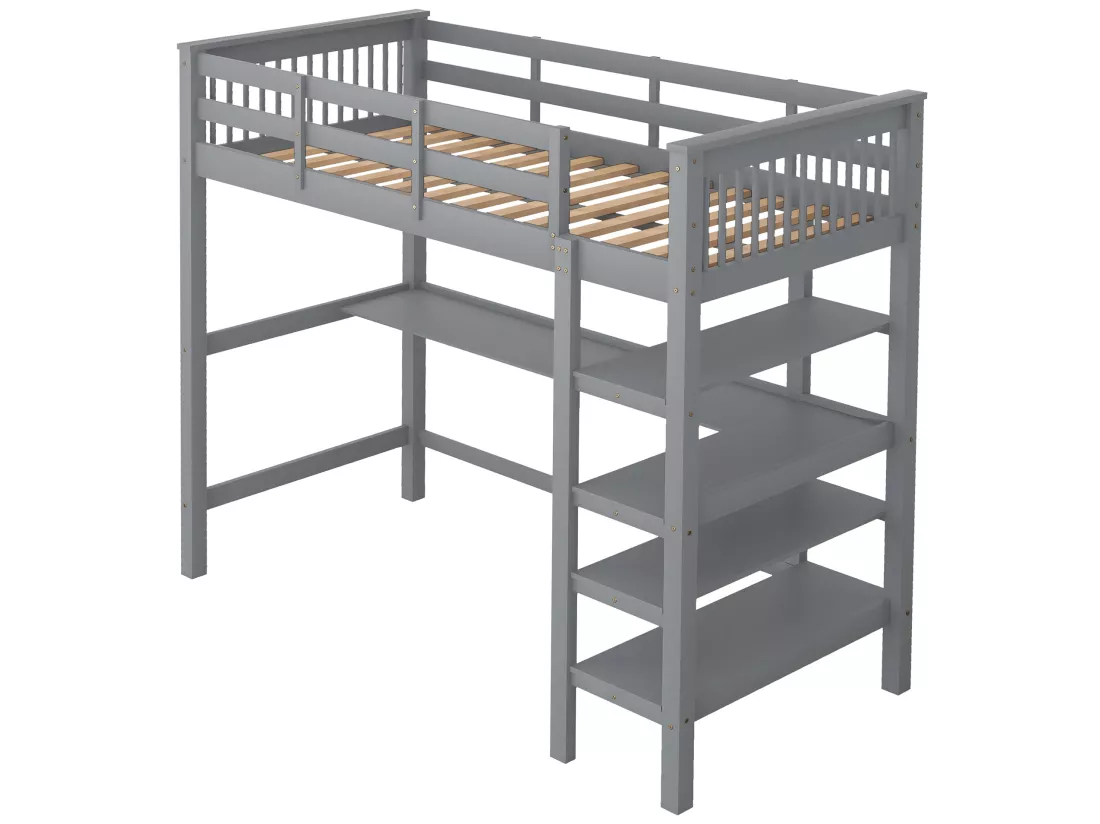 Lit mezzanine 90 x 200 cm pour enfant - bureau + étagères de rangement - gris