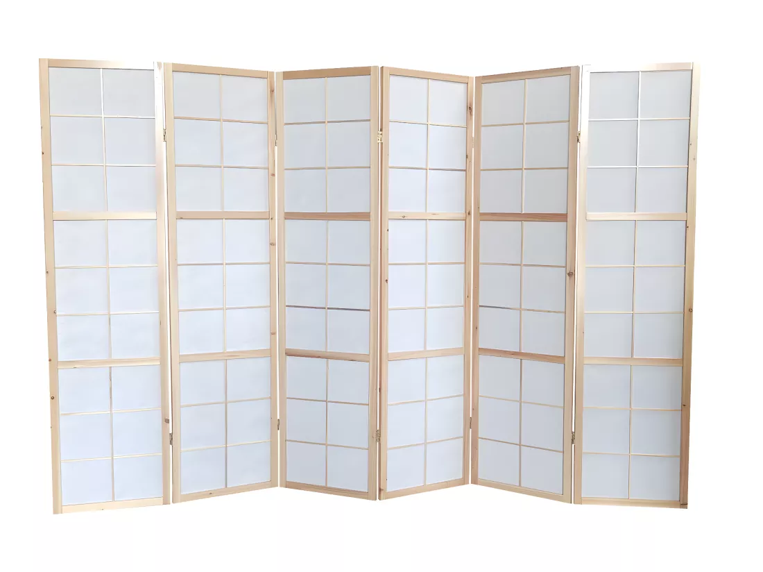 Paravent japonais bois naturel, séparateur de pièce 6 pans - Hauteur 175 cm x Longueur 264 cm