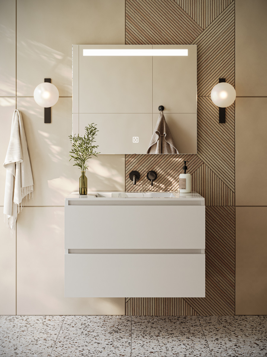 Fontana Rovigo badmeubel 80cm wit mat met witte wastafel zonder kraangat en spiegel met verlichting