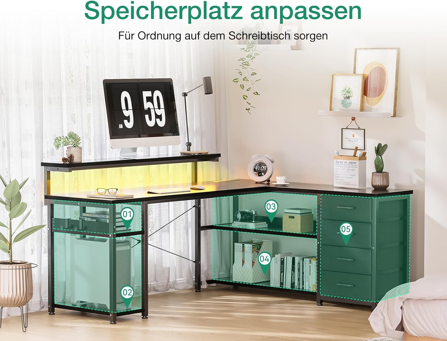 ODK Schreibtisch mit Schubladen, 155×110cm Reversible Eckschreibtisch mit 2 Steckdosen und 2 USB Ladeanschluss, Bürotisch L Form mit LED für Home Office, Schwarz