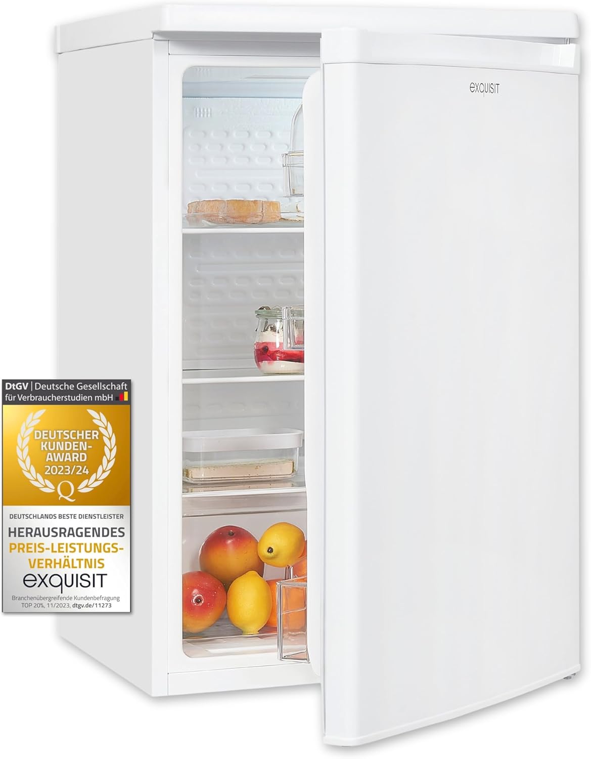 Exquisit Vollraumkühlschrank KS16-V-040D weiss | 126 L Volumen | Kühlschrank ohne Gefrierfach freistehend | Gemüsefach | LED