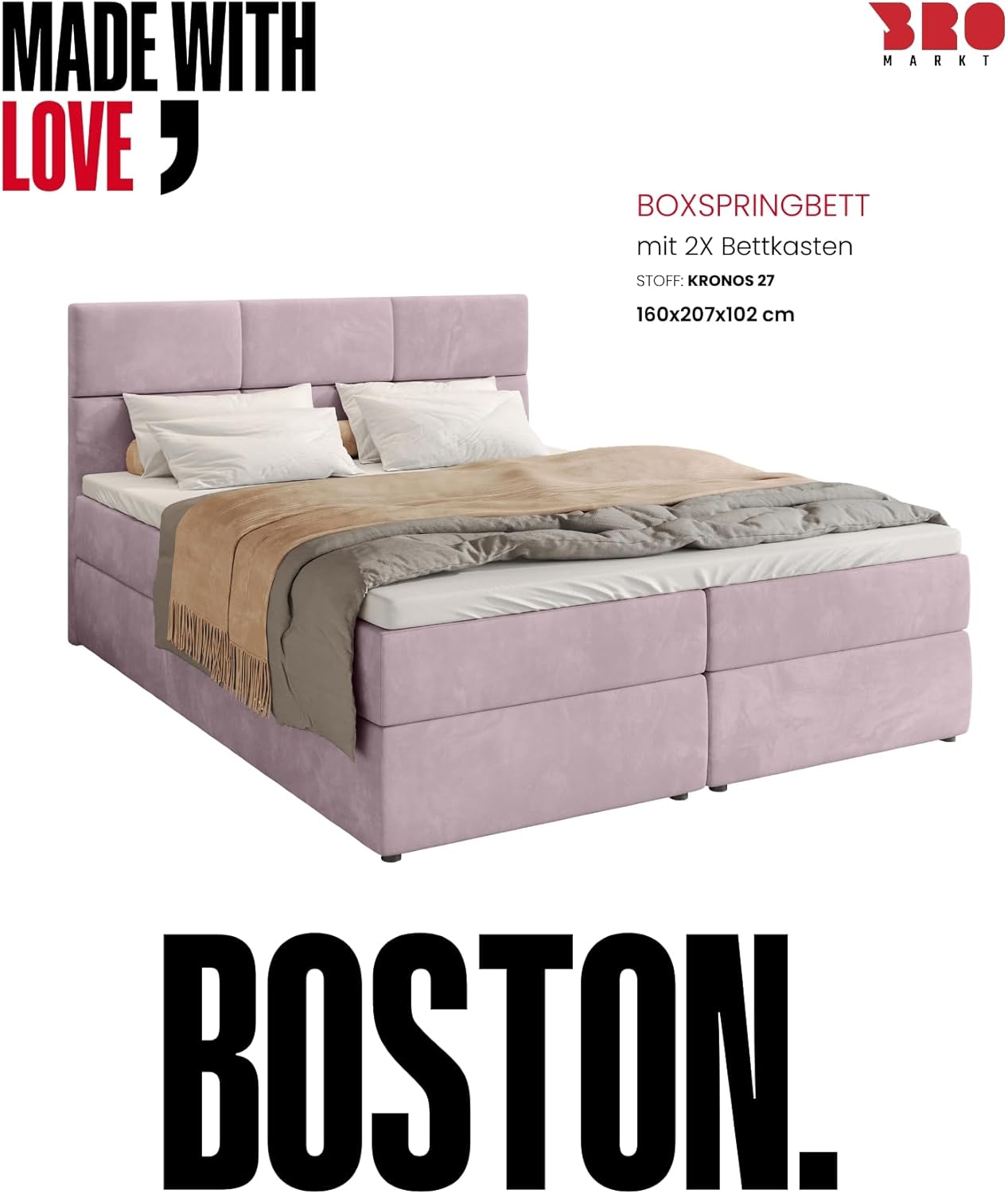 BROMARKT Boxspringbett mit Bettkasten Polsterbett mit Bonell-Matratze und Topper Doppelbett mit Stauraum Bett für Schlafzimmer gepolstertes Kopfteil Boston 160x200 Härtegrad H3 Samtstoff Puderrosa