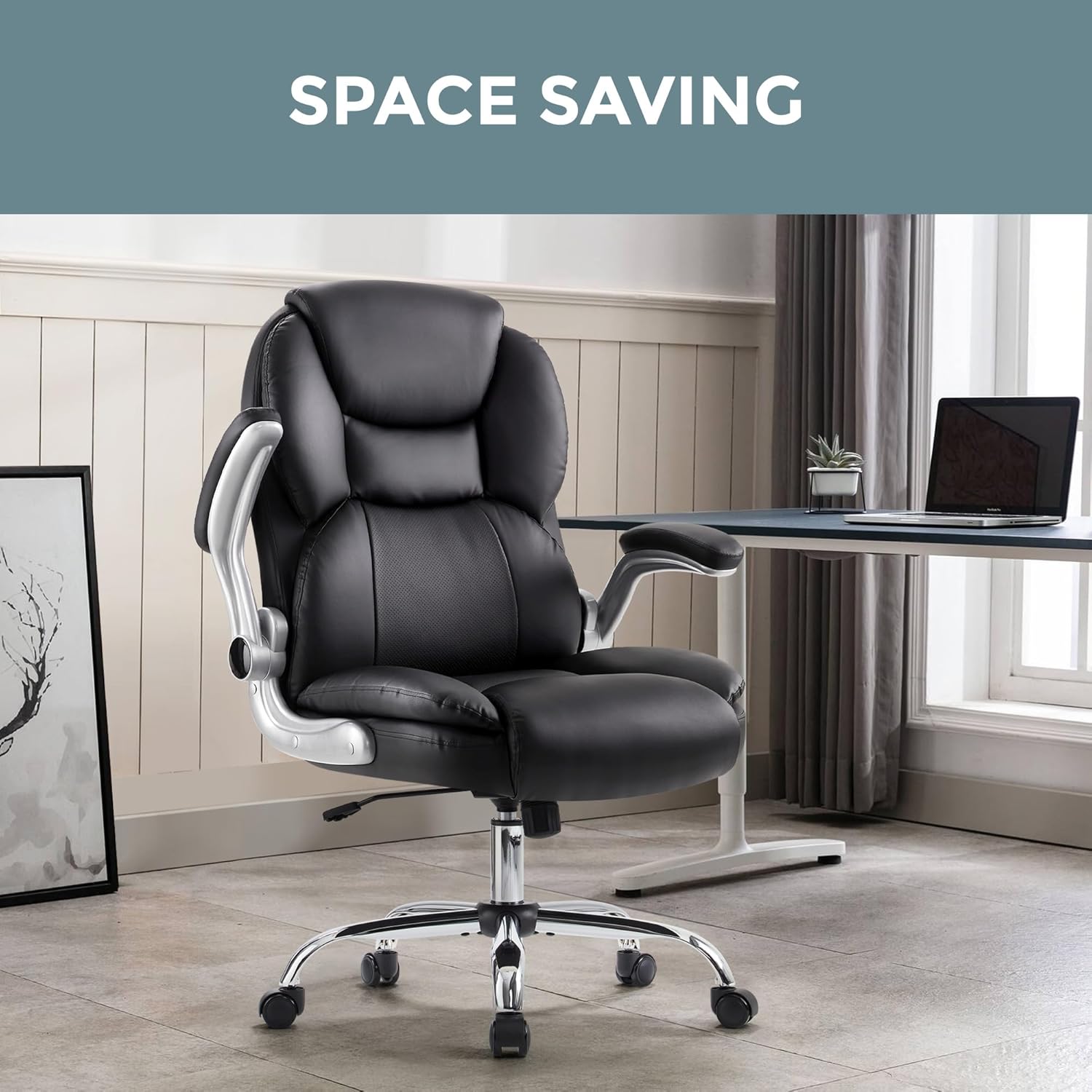 IWMH Bürostuhl Ergonomischer Schreibtischstuhl Chefsessel Drehstuhl mit hochklappbarer Armlehne, höhenverstellbar, Computerstuhl für Büro, Wohnungen, 180KG belastbarkeit (Schwarz)