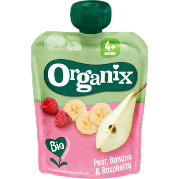 Organix Knijpfruit Peer, Banaan & Framboos 4+m 90g