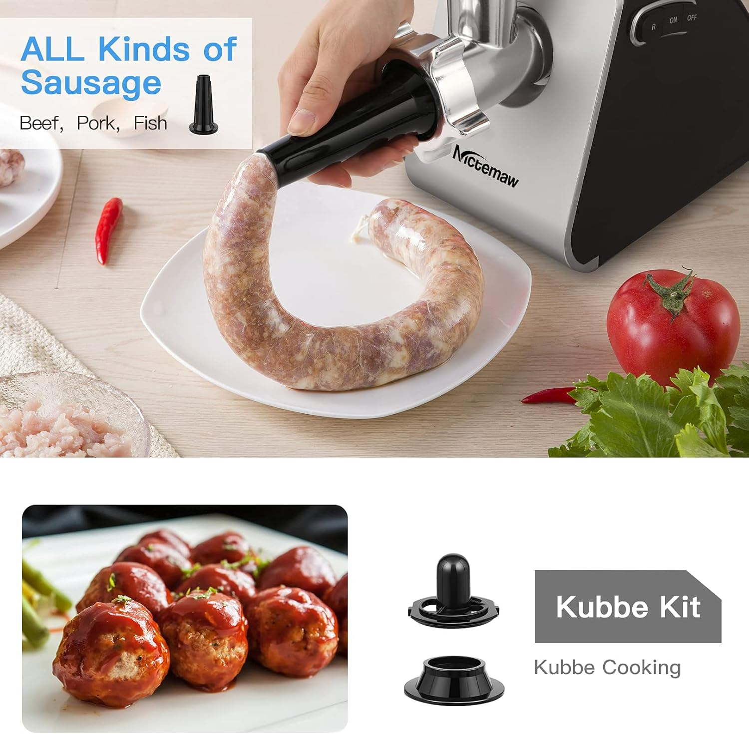 COOCHEER Fleischwolf Elektrisch 2000W, Elektrischer Fleischwolf mit Wurstfüller, Spritzgebäckvorsatz, 3 Edelstahl Lochscheiben für Fleisch und Gemüse