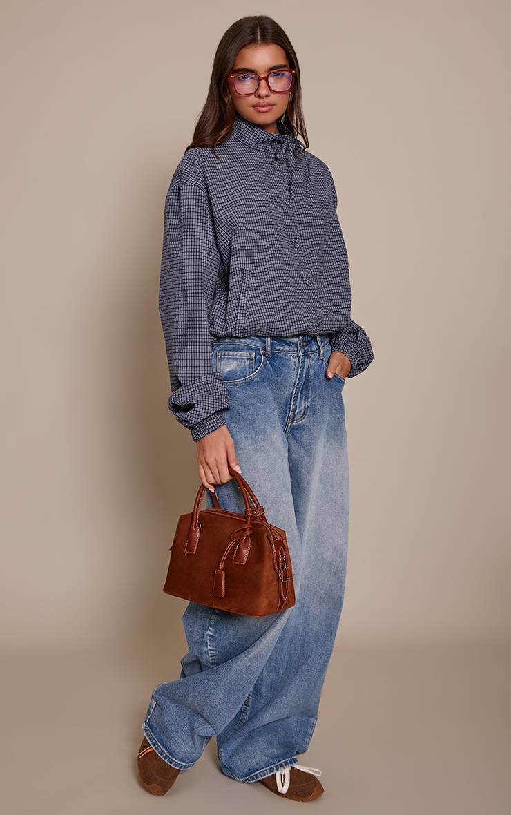 Bleu Chemise À Carreaux À Manches Longues Avec Col Montant Et Détail Nœud