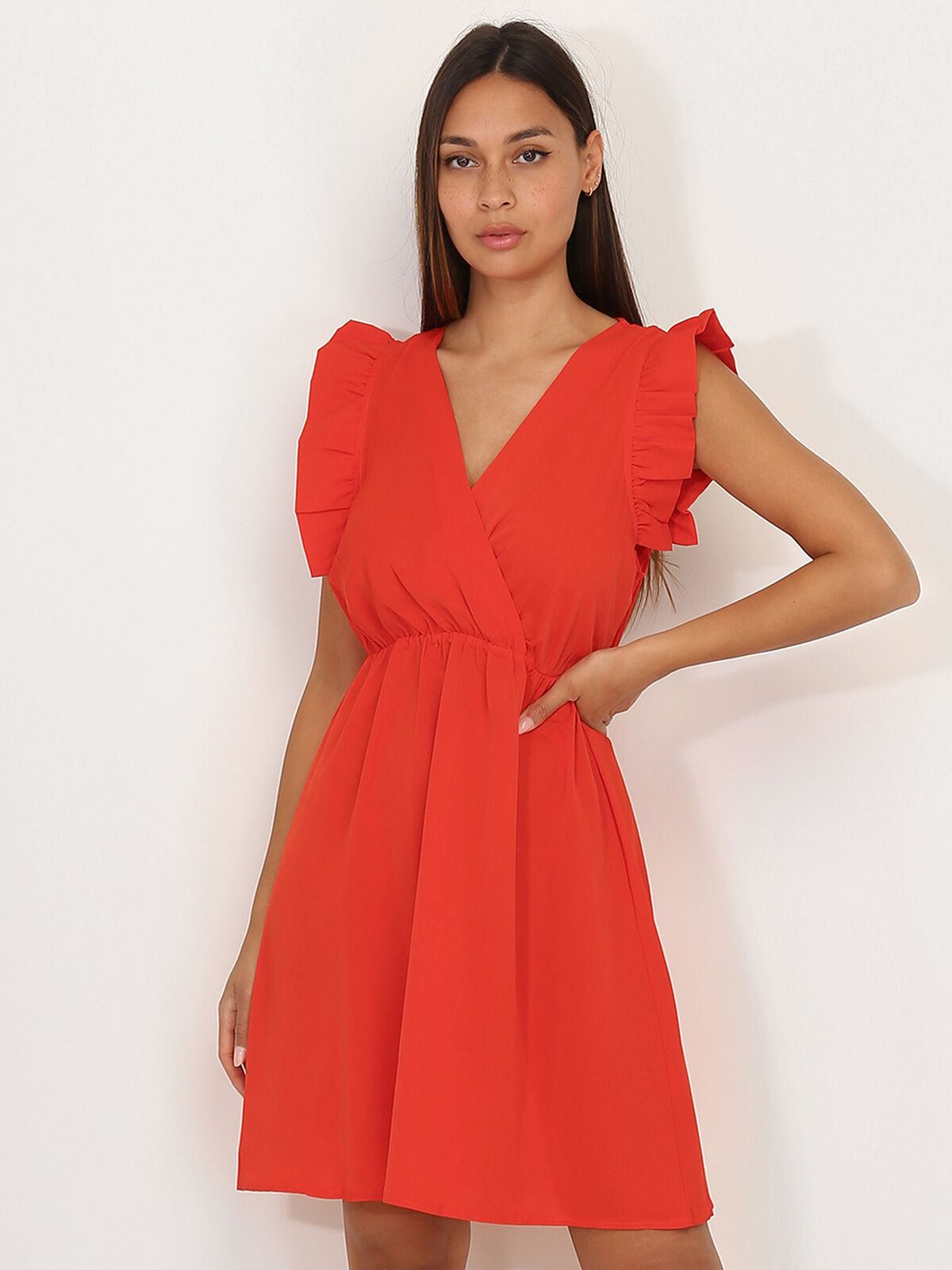 Robe patineuse cache cœur à volants- Rouge