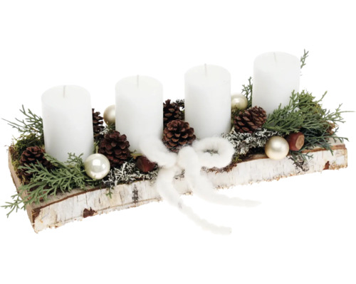 Adventsbloemstuk, tafelstuk, L 33 cm, H ca. 12 cm, B ca. 12 cm, berkenhouten plank, incl. 4 rustieke witte kaarsen