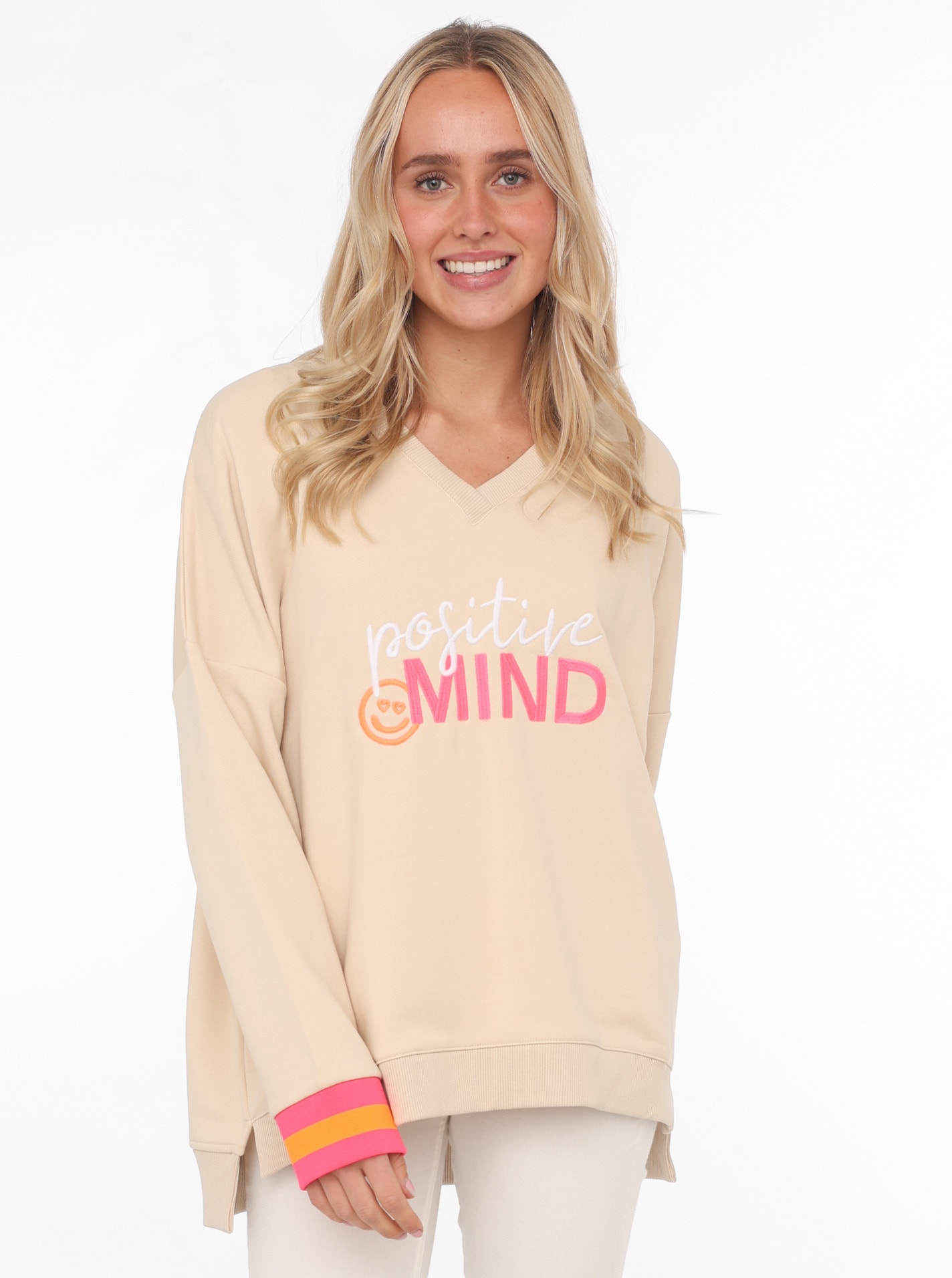Zwillingsherz Sweatshirt , V-Ausschnitt, neonfarbenen Bündchen, Seitenschlitze, Langarm