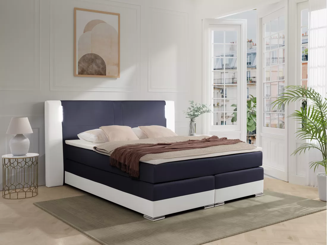 Ensemble complet boxspring tête de lit avec leds + sommiers + matelas + surmatelas - 160 x 200 cm - Simili - Blanc et gris - ASTI II de YSMÉE